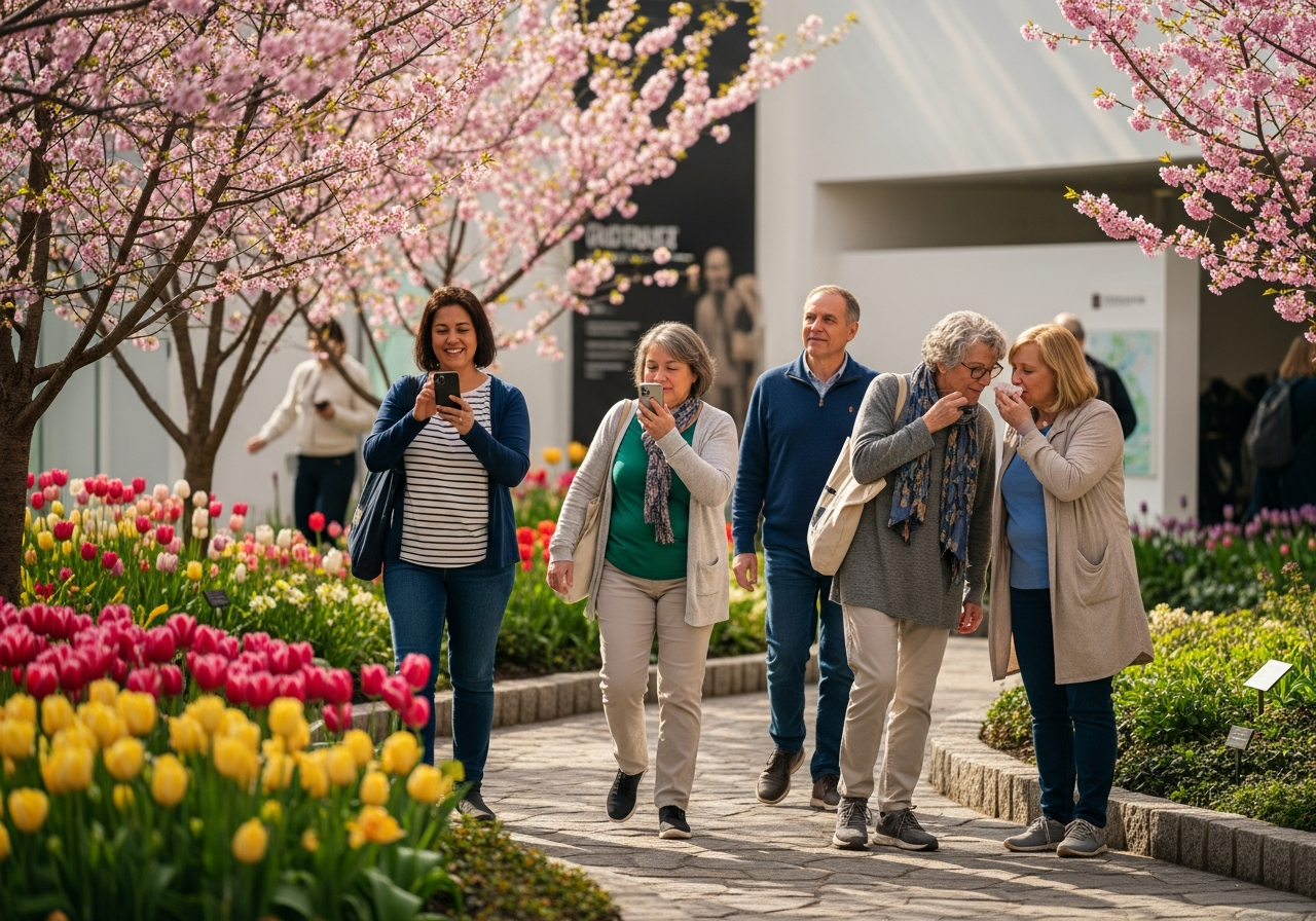 Small group of visitors slowly walking past peak-spring bloom of cherry blossoms and tulips on a winding stone path