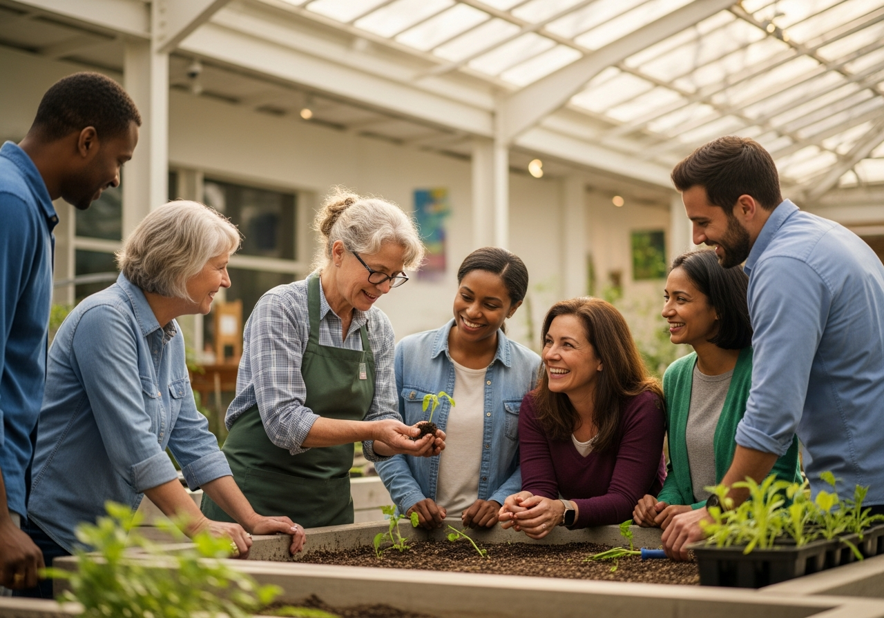 Small intimate group of adult learners gathered around a master gardener at a raised garden bed in a bright conservatory