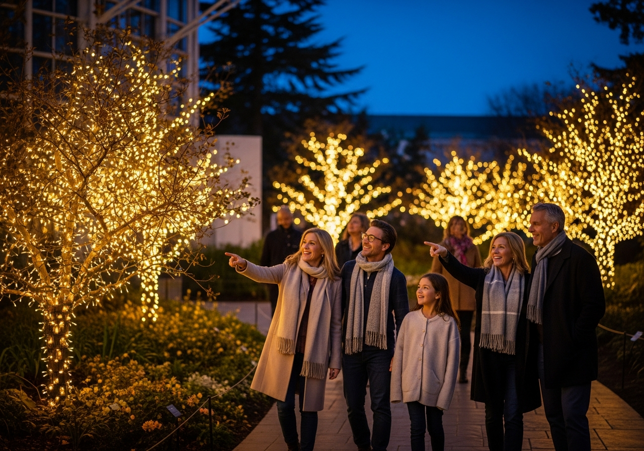 Evening twilight scene of a botanical garden glowing with warm tasteful holiday lights woven through trees and walking paths, visitors strolling