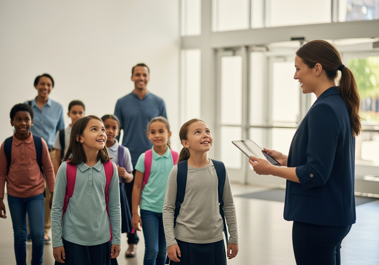Elementary students arriving for a field trip being greeted by a museum admissions staff member with a tablet