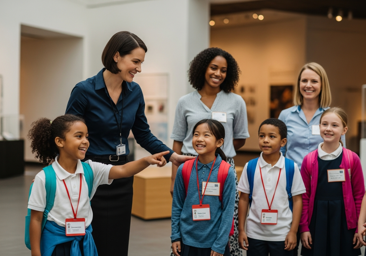 Museum educator warmly greeting a school field trip group in a bright modern museum lobby