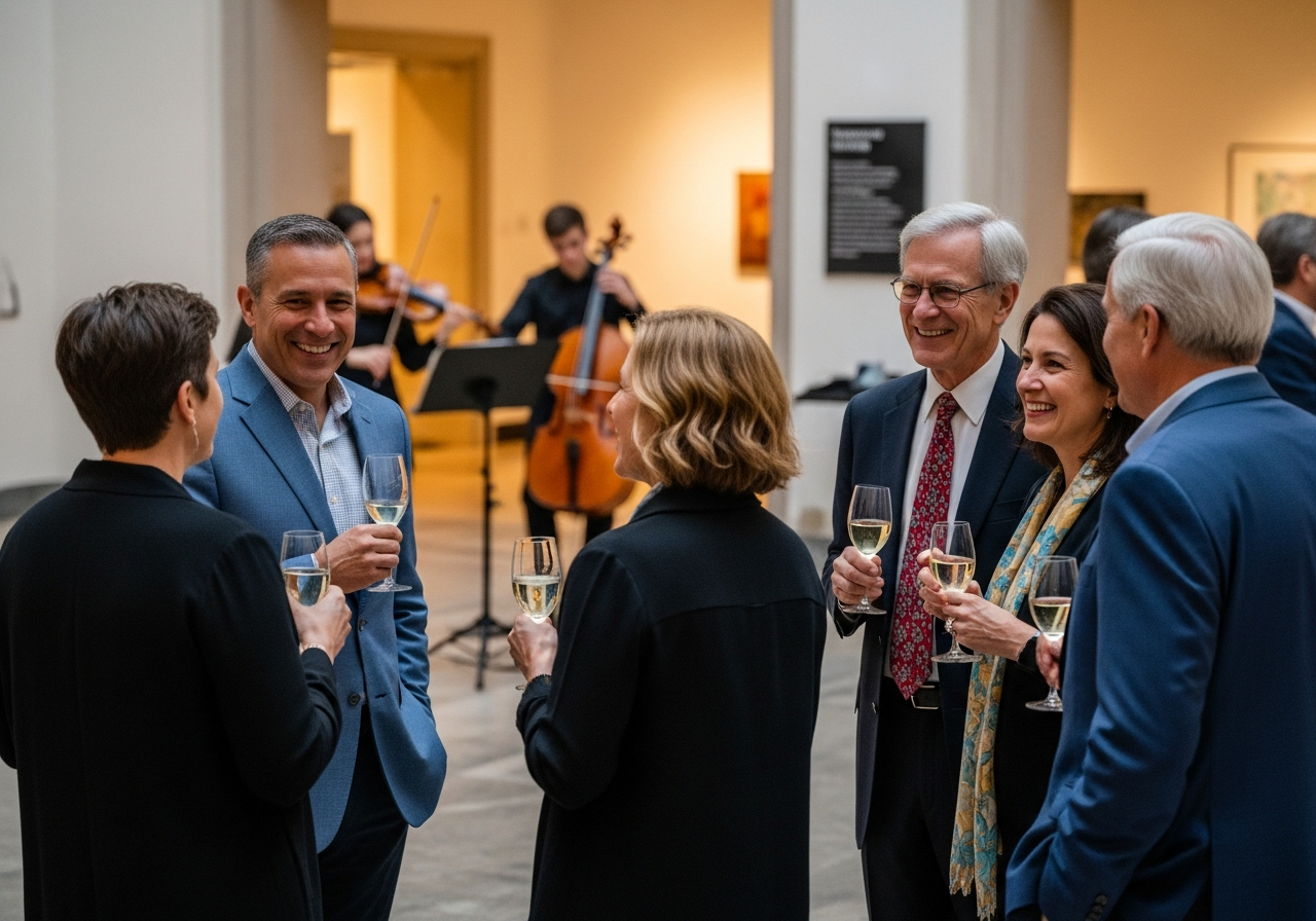 Warm intimate donor reception in the foyer of a historic cultural center, well-dressed adults in small groups in conversation
