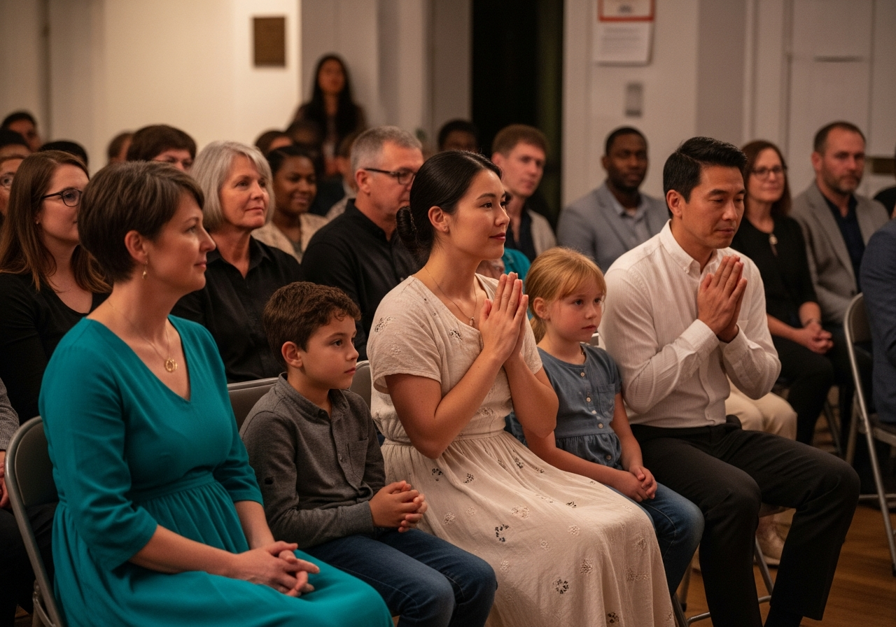 Intimate cultural performance in a beautifully lit historic theater or community cultural center with engaged adult and family audience