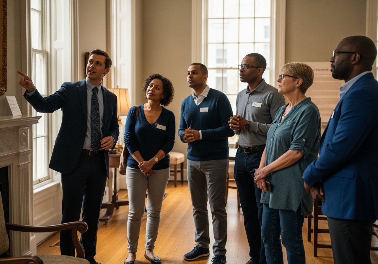 Small group of visitors listening to a smiling docent guide in a historic home parlor with natural light streaming through tall windows