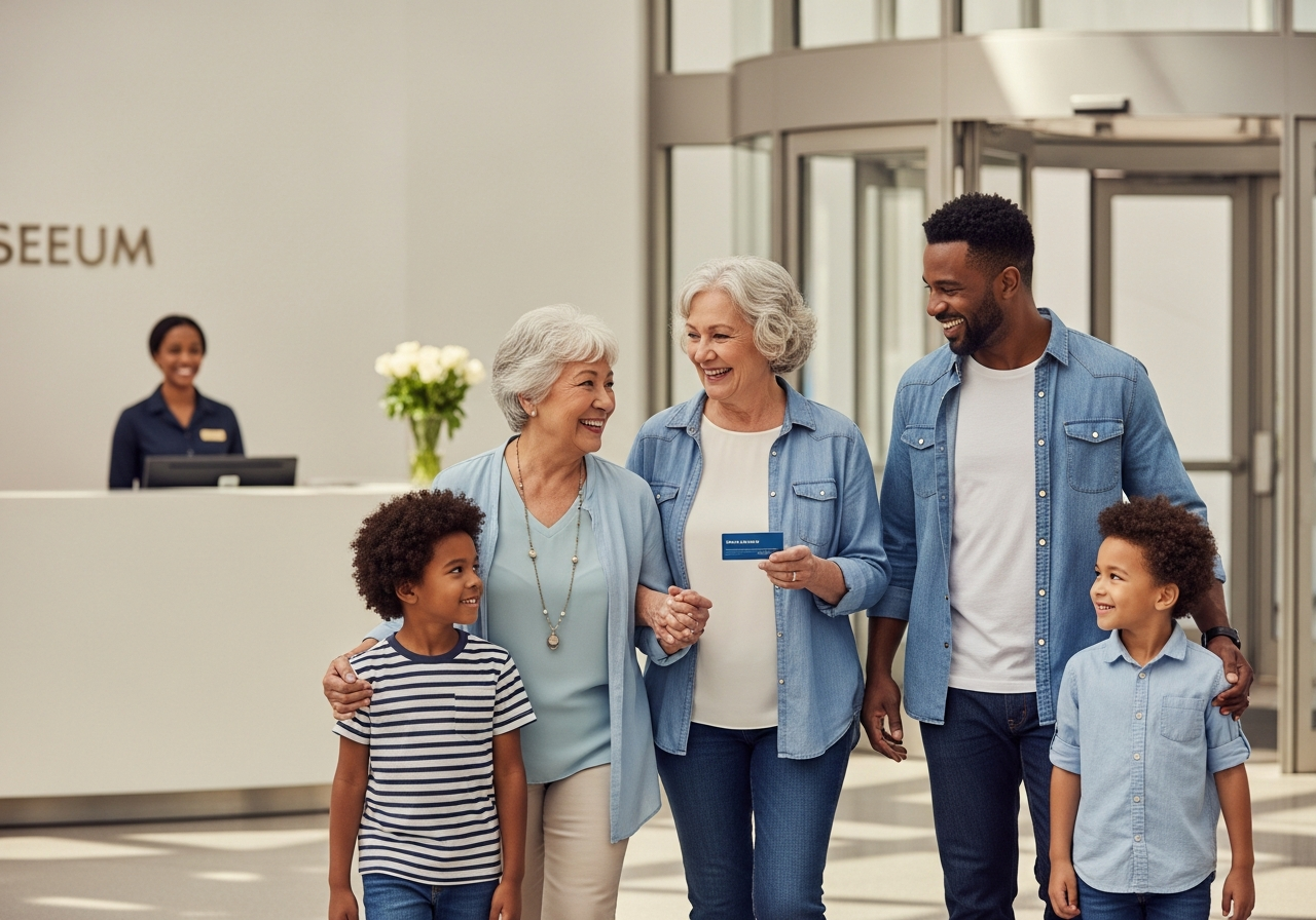 Multi-generational family with grandparents and children walking into a bright art museum, grandmother holding a membership card