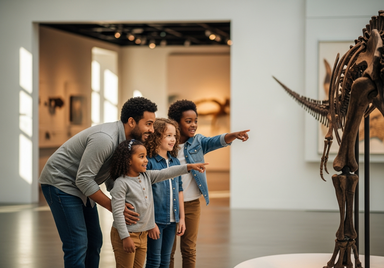 Young family of mixed ethnicity exploring a bright natural history museum gallery, children pointing at an exhibit
