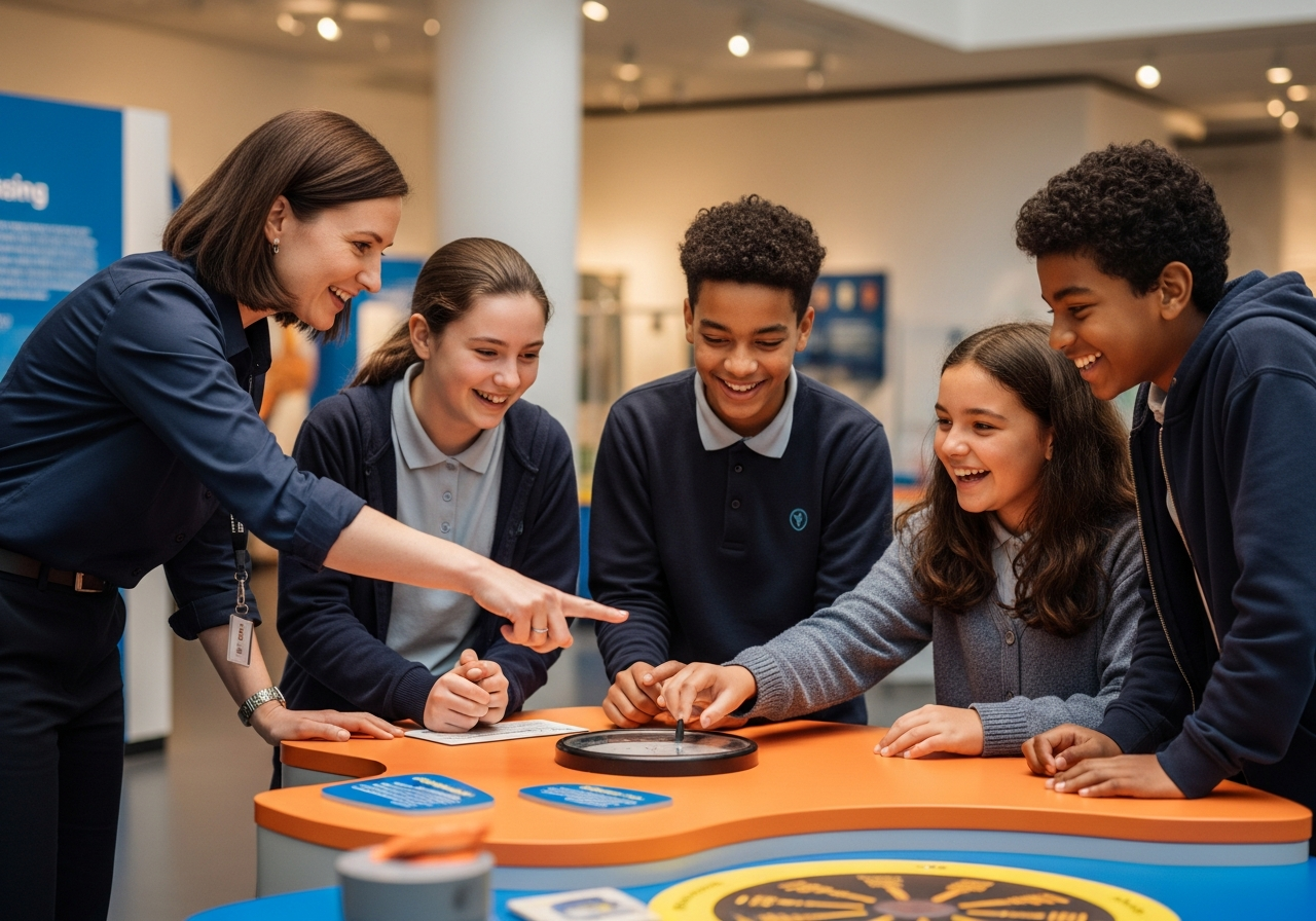 Middle-school students at a hands-on science exhibit with a museum educator pointing out a detail