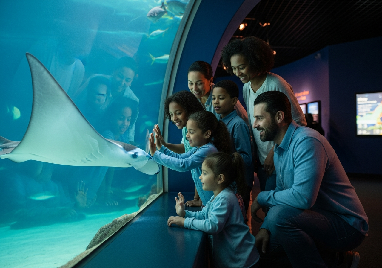 Family at an aquarium viewing window watching a manta ray glide past, children pressing hands to the glass