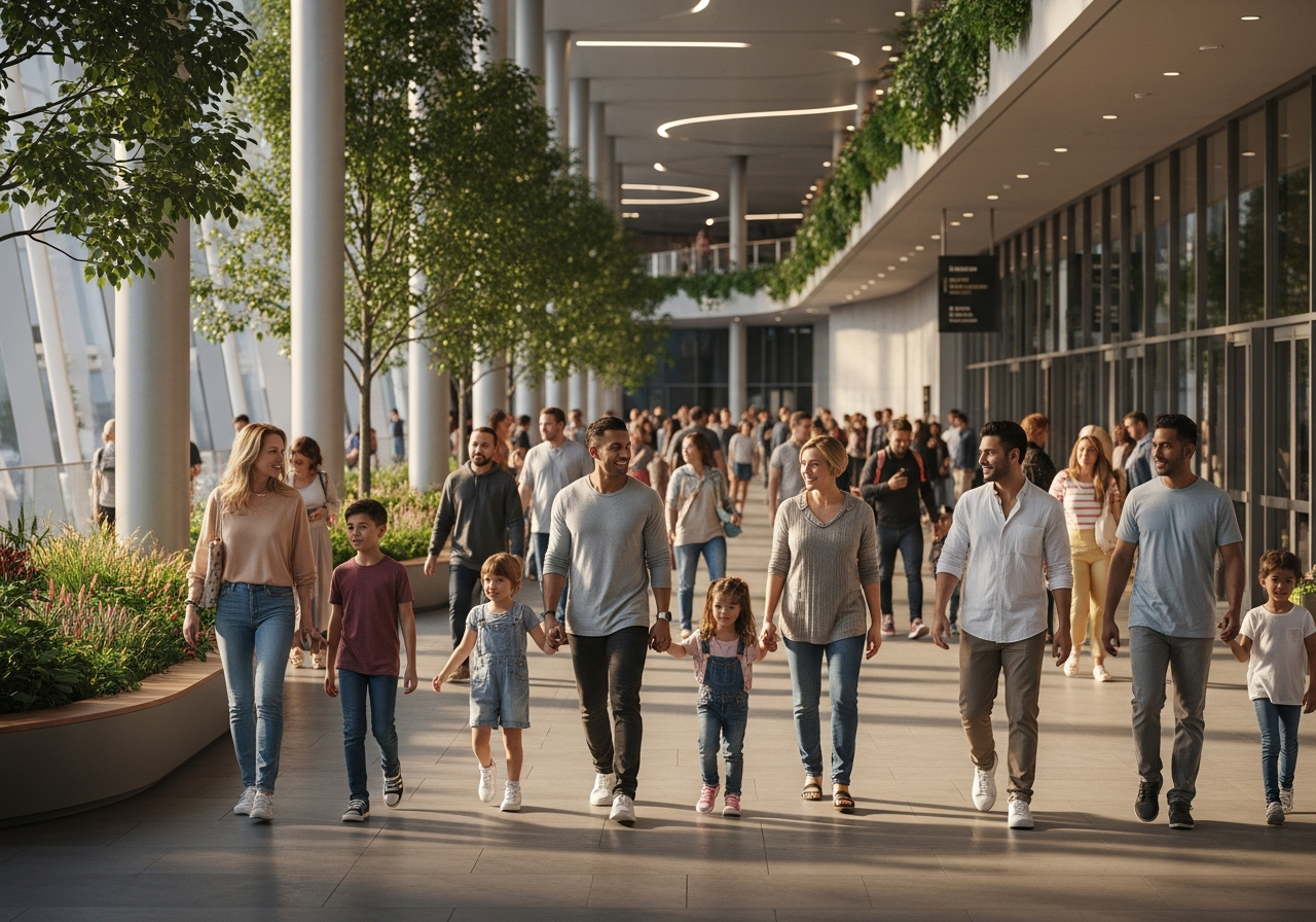 Wide candid shot of a busy but joyful summer Saturday at a modern aquarium plaza, families moving easily through an open entry area