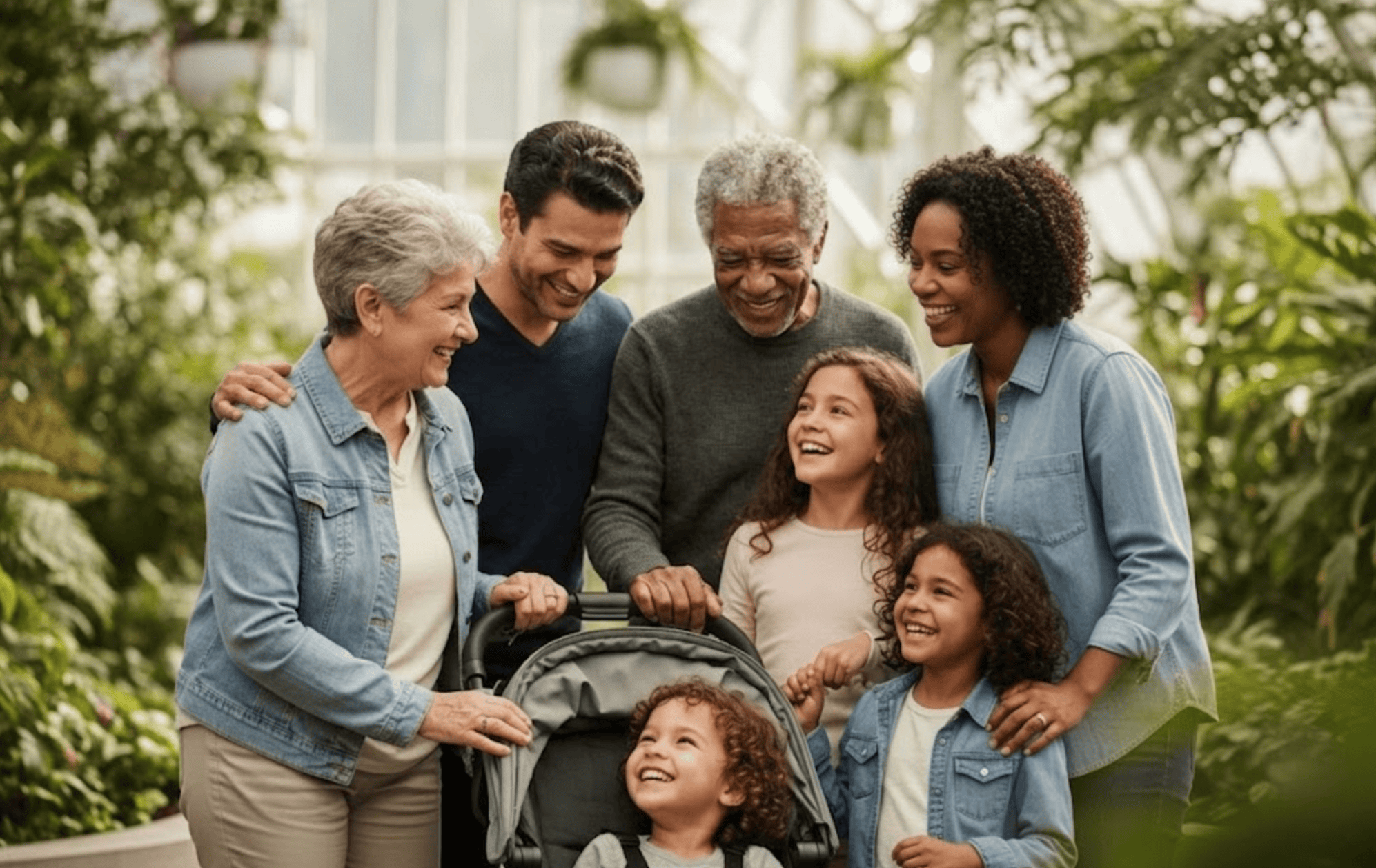 A multi-generational family of mixed ages and abilities laughing together inside a botanical garden conservatory