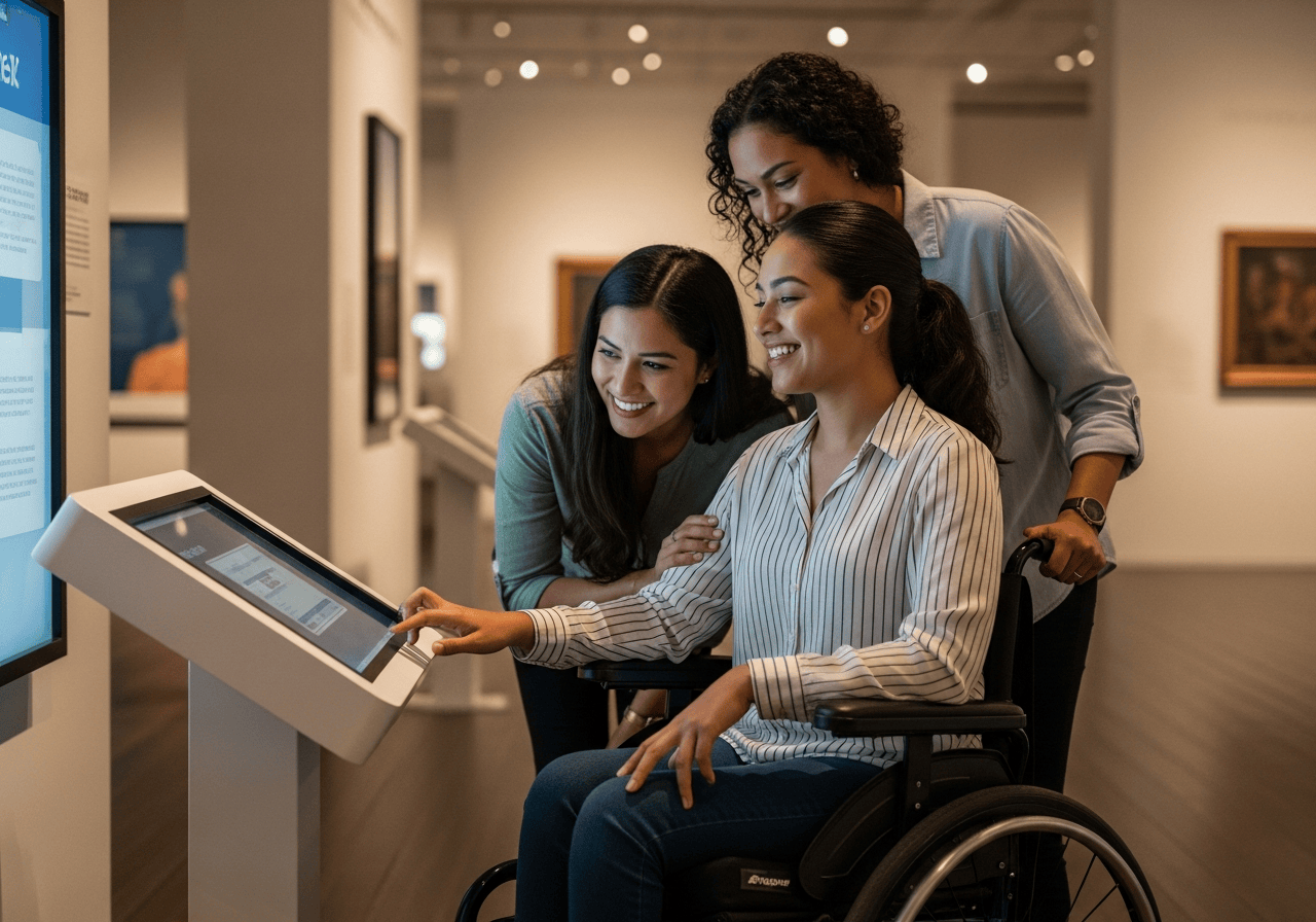 A close-up of a hand using assistive technology to navigate a museum exhibit on a tablet