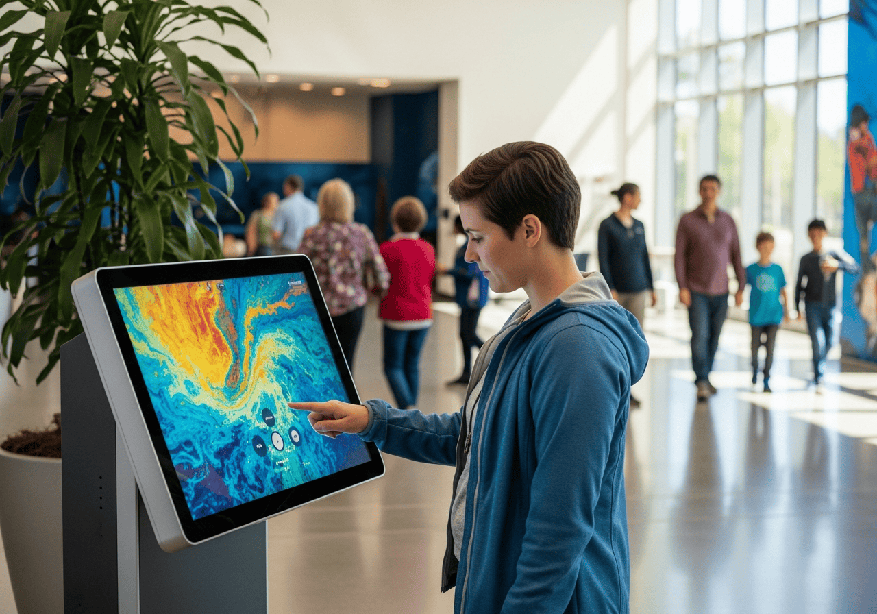 Visitor using self-service kiosk at museum entrance