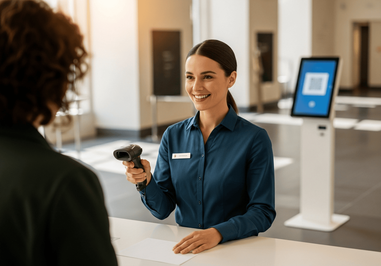 Staff member scanning membership card at admissions desk