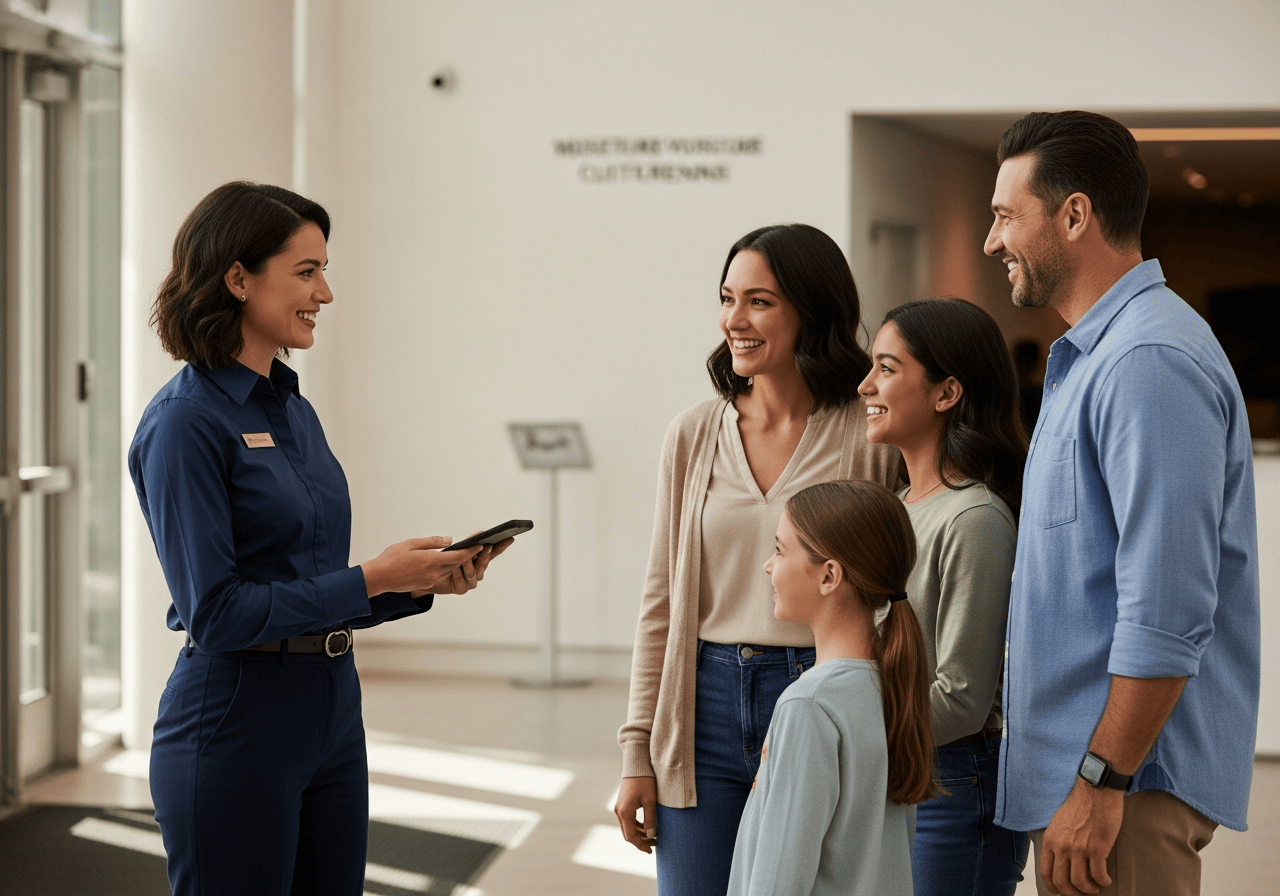 Staff checking membership status on a handheld scanner with a visitor