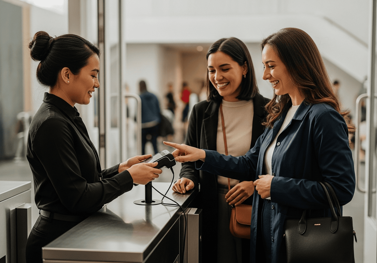 Staff processing a ticket sale on a handheld device at admissions
