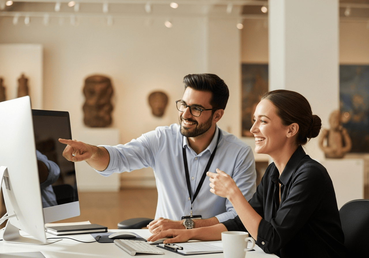 Museum staff collaborating at a workstation