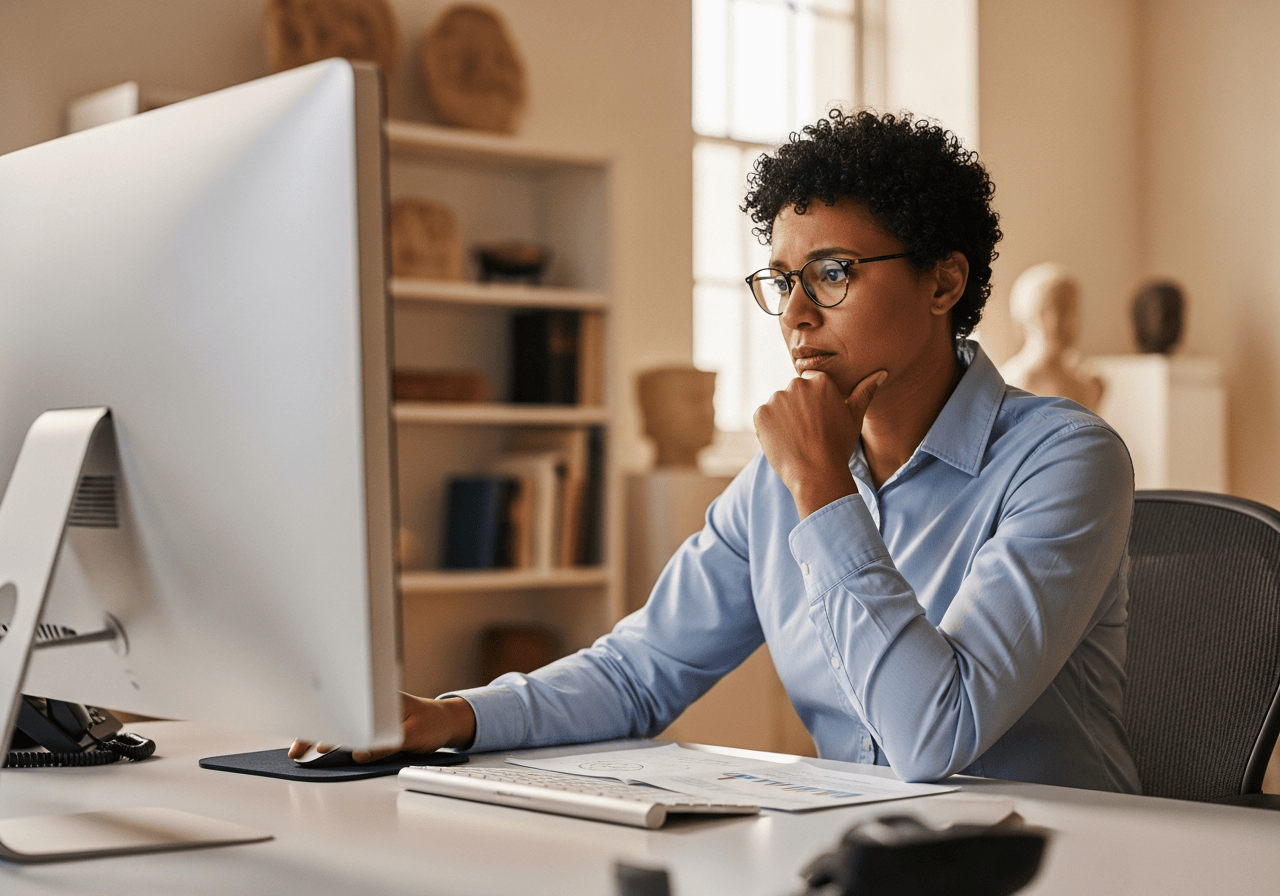 Museum professional reviewing audit logs at a workstation
