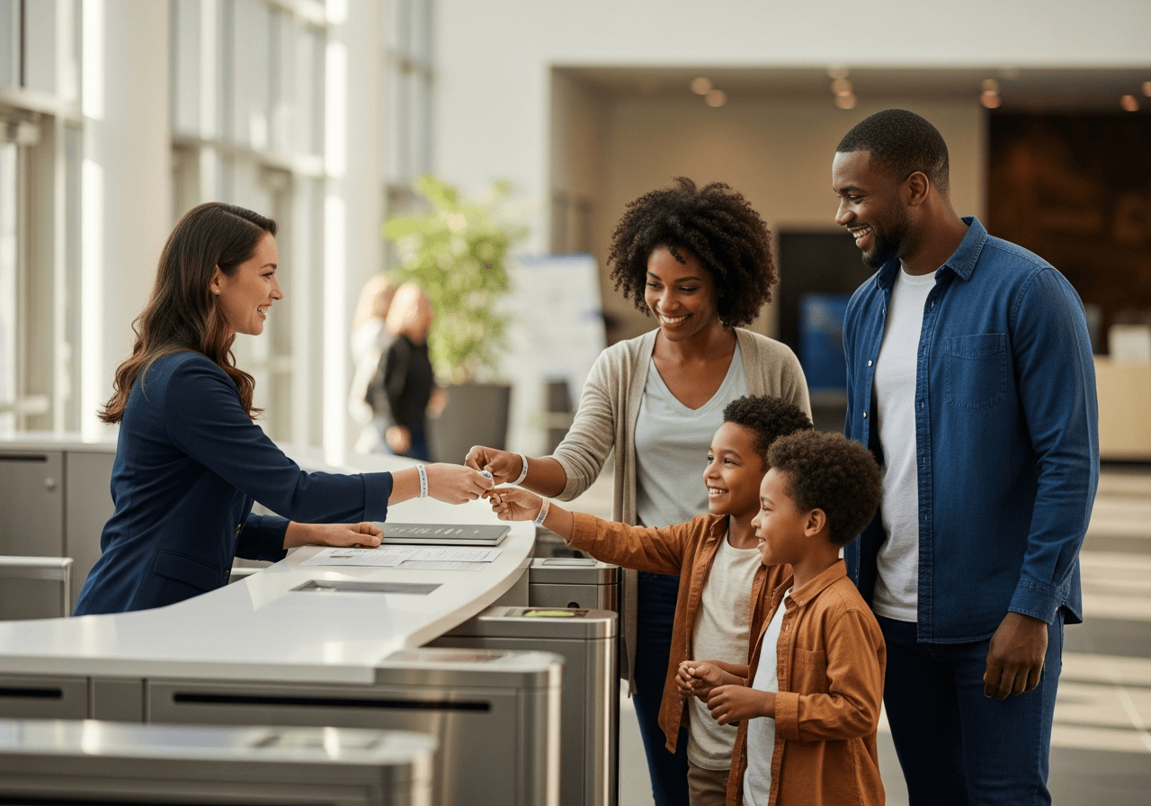 Museum family using digital ticketing and admissions system at venue entrance
