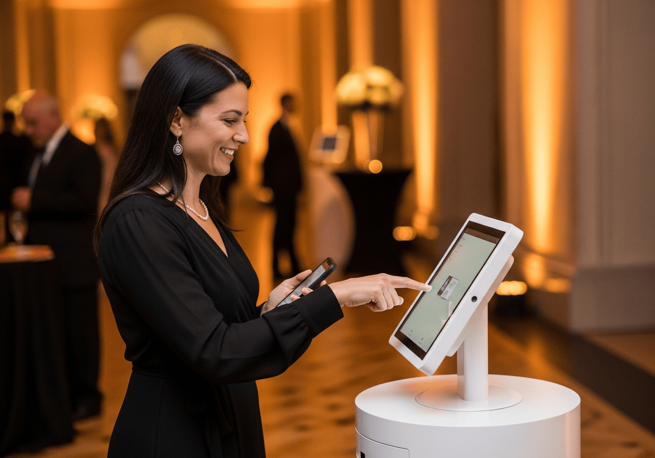 Visitor tapping phone to donate at a museum gala