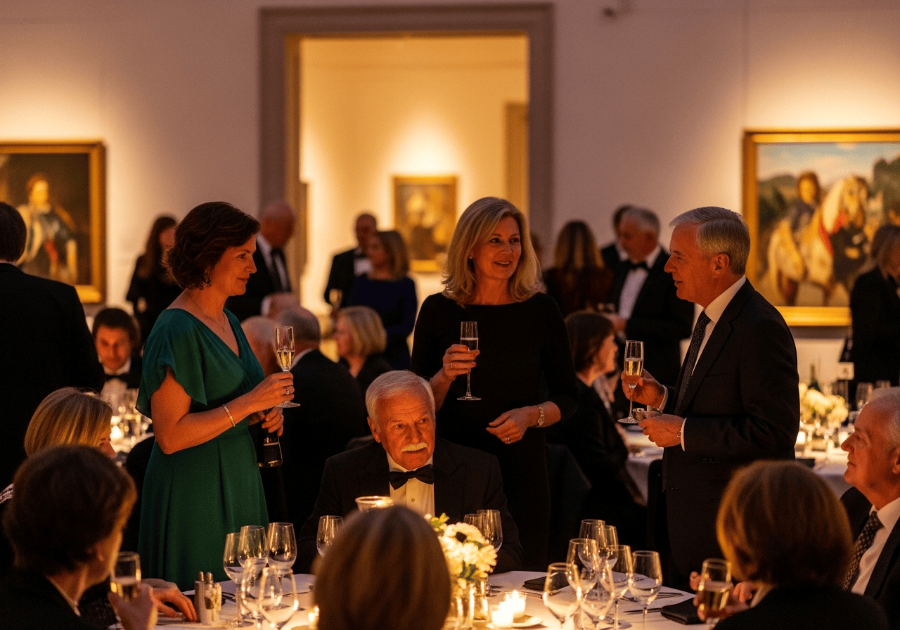 Guests socializing at an elegant museum fundraising gala
