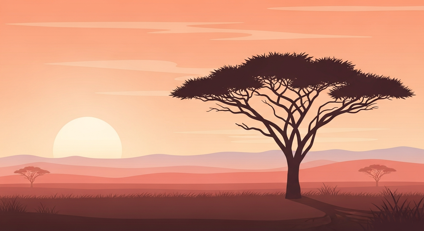 Iconic acacia tree silhouette at sunset on the African savanna