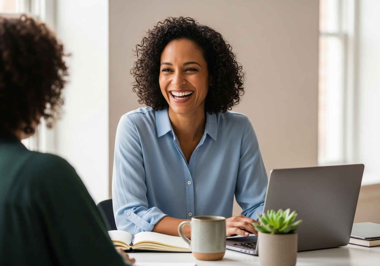 Confident cultural-organization operations manager working comfortably at her tidy desk, in control of her day
