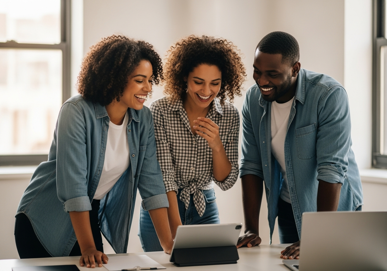 Small team of cultural-attraction professionals smiling and energized around a sleek modern desk in a bright office